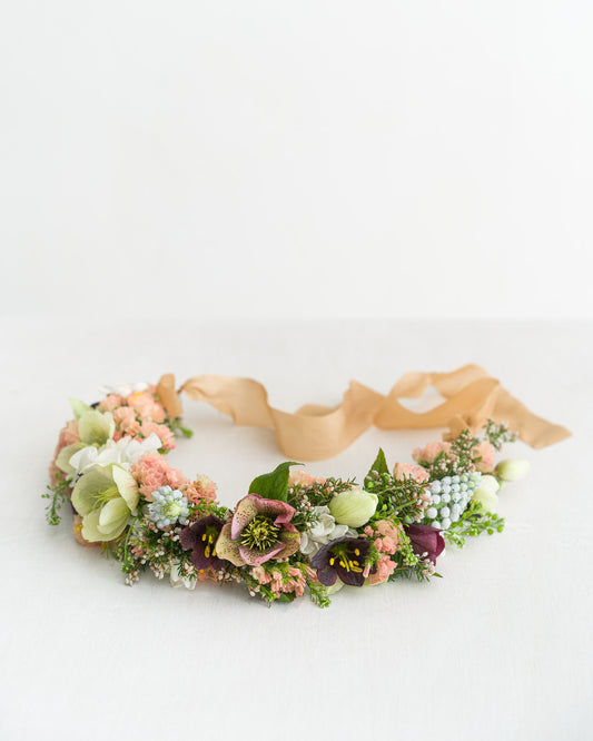 Beautiful spring Bride Flower Crown featuring delicate spring flowers including narcissus flowers, sweetpeas, fritillaria, ranunculus and hellebore from Aspen Florals Edinburgh florist Wedding Collection